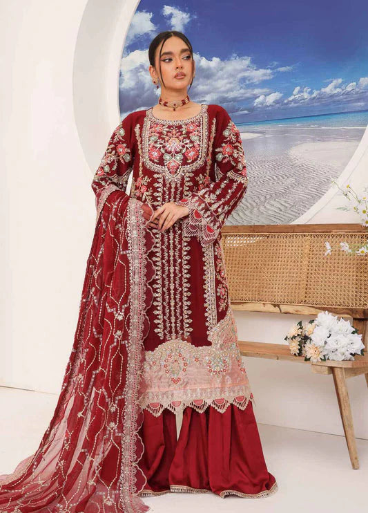 Embroidered Chiffon 3 Piece Unstitched Suit- EM 002-Party Wear